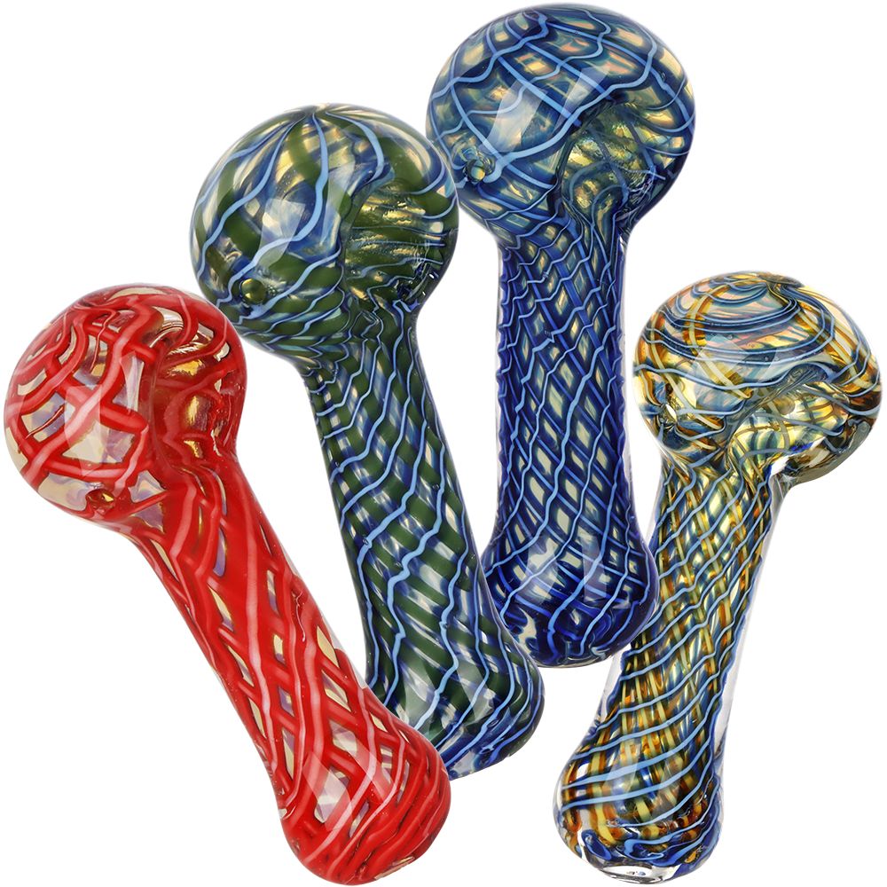 4CT BUNDLE - Netted Spirals Glass Spoon Pipe - 3.75"-4" / Assorted Colors