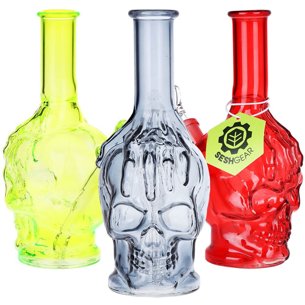 3CT BUNDLE - SeshGear Drippy Skullz Glass Water Pipe - 7" / 14mm F / Assorted Colors